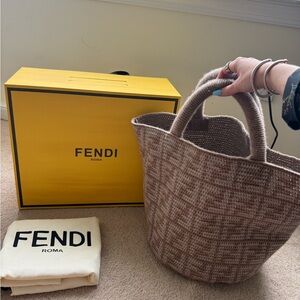 Fendi Brown Beige FF Knit Beach Tote